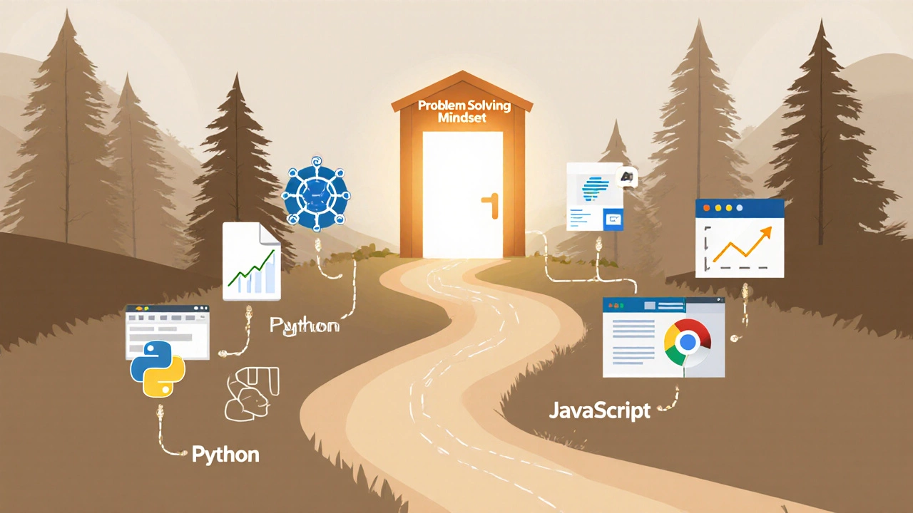A forest path splitting into Python and JavaScript routes, both leading to a glowing door labeled &#039;Problem-Solving Mindset&#039;.