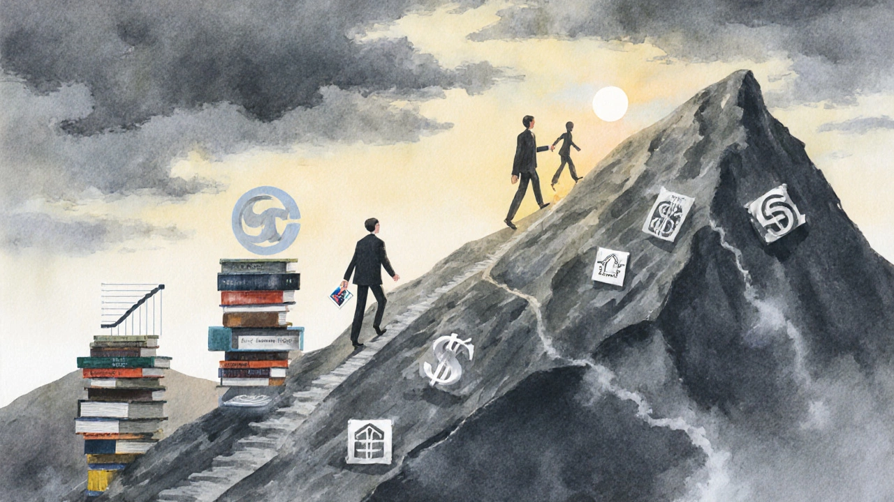 A person climbing a mountain made of business books toward a sunrise, carrying a family photo.