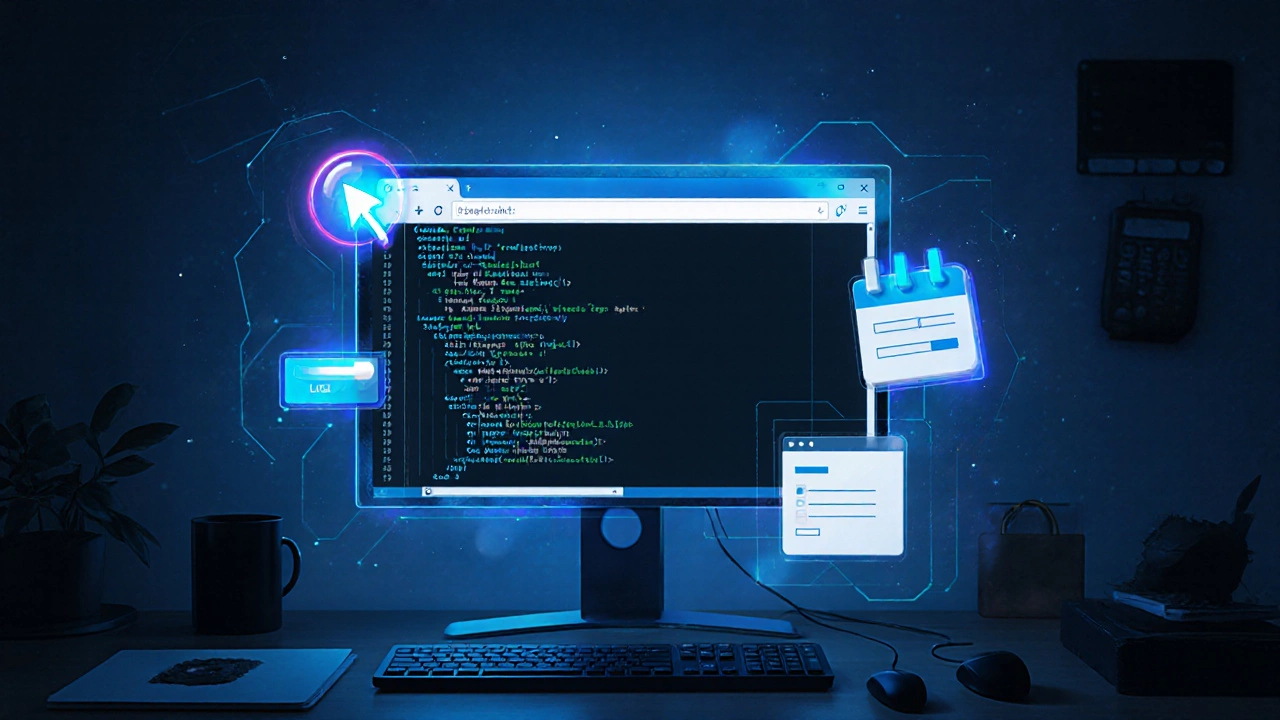 A web browser console showing JavaScript code with interactive elements floating around it.