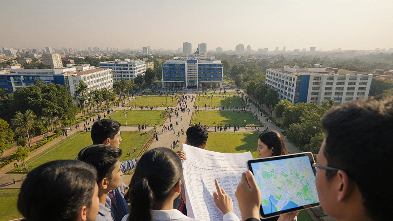 Aerial view of IIT Bombay campus with students walking and discussing seat allocation under bright sunlight.