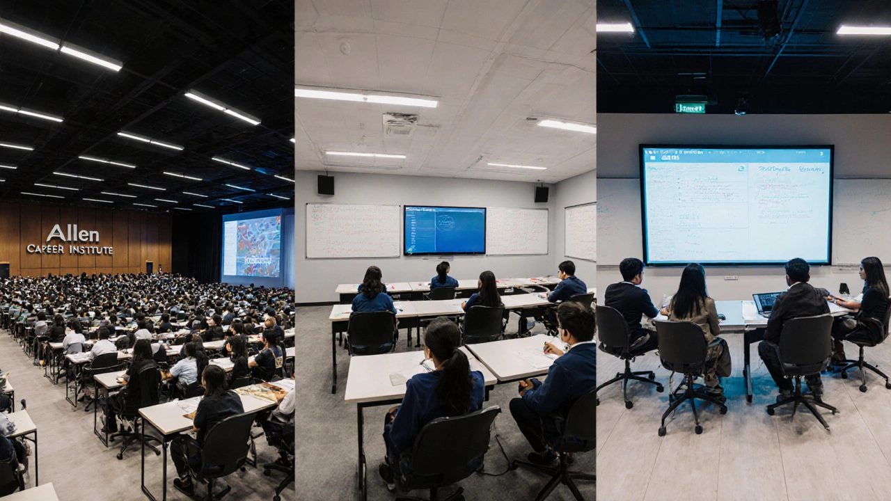 Busy classrooms of Allen, FIITJEE, and Resonance illustrating large‑scale coaching facilities.