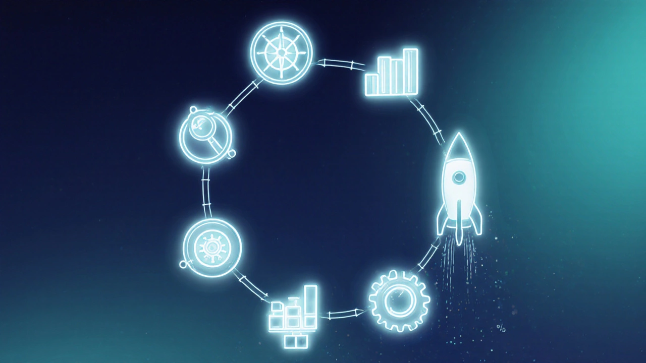 Conceptual image of the ADDIE cycle loop with icons for each phase and evaluation data.