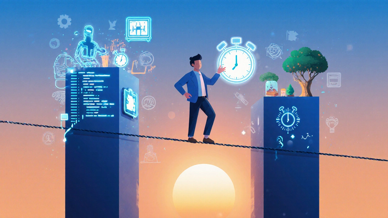 Developer balancing on a tightrope between work and personal life, aided by an AI assistant reducing work hours.