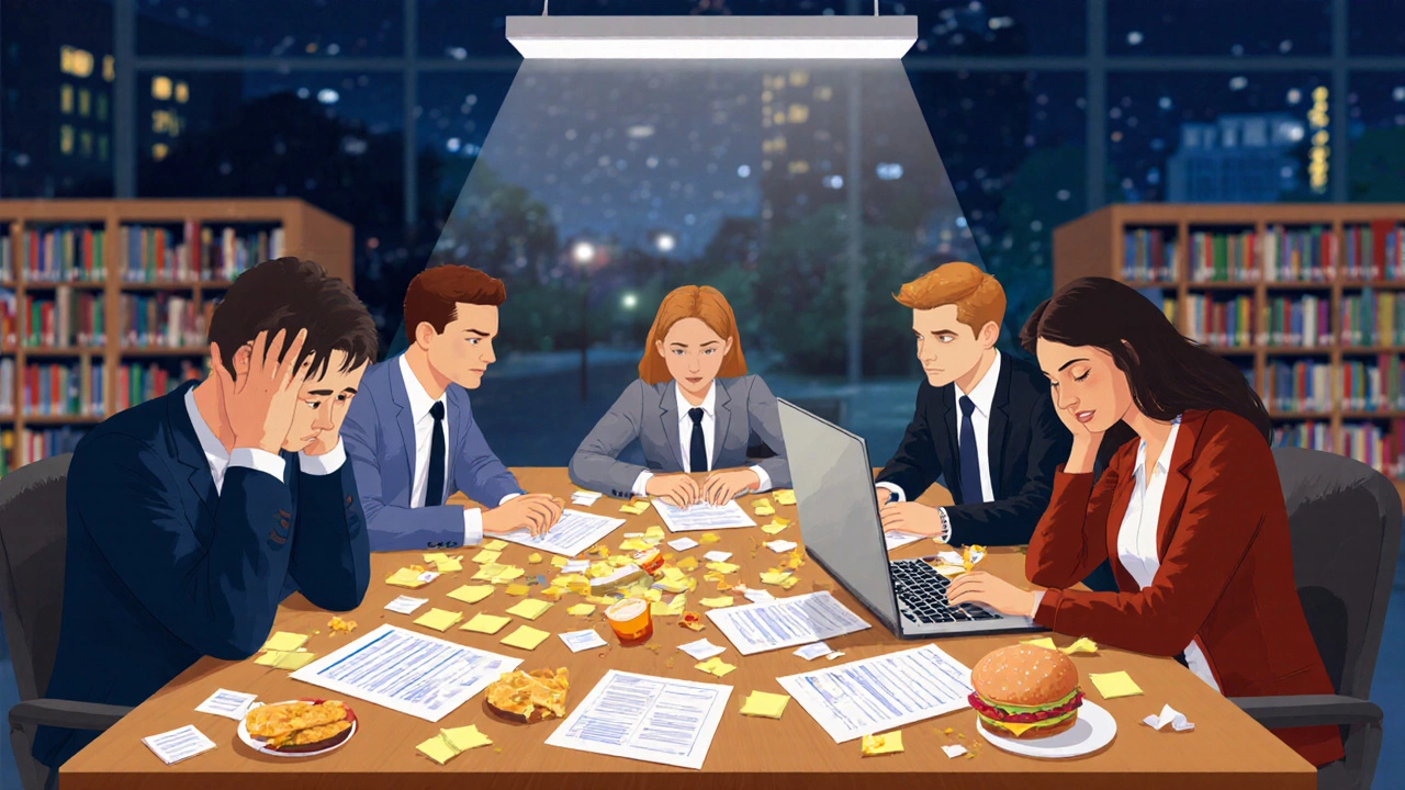 Five MBA students in a tense group project meeting surrounded by papers and laptops.