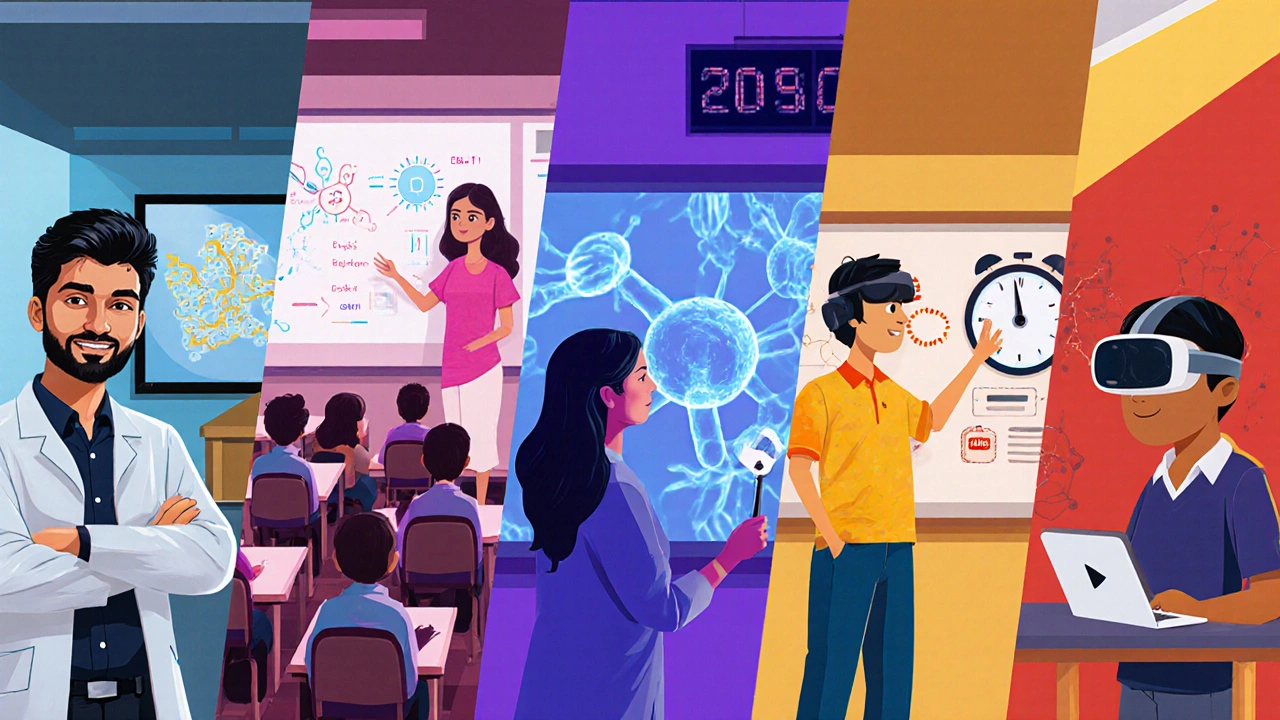 Five panel illustration showing each top NEET teacher in their unique teaching setting.