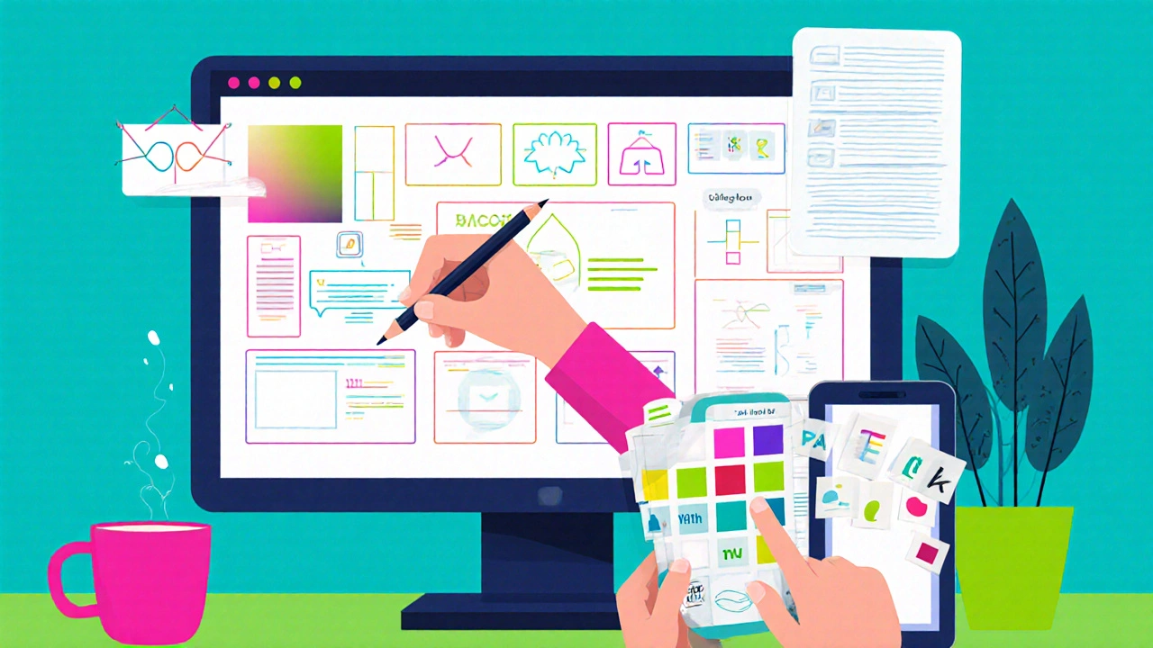 Flat illustration of a designer creating a storyboard with wireframes and color palettes.