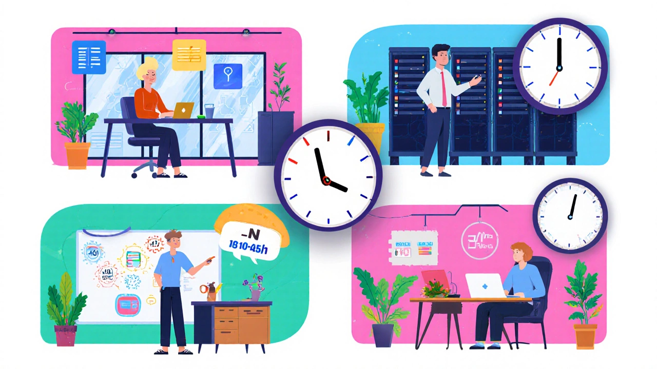 Four developers in distinct work settings, each with visual cues of their typical weekly hours.