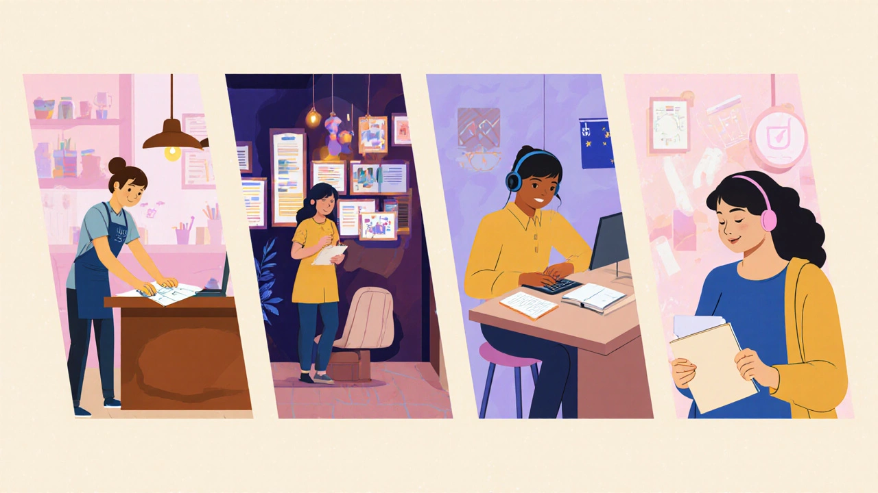 Four scenes: barista studying, designer with communication projects, online student, and social work fieldwork.