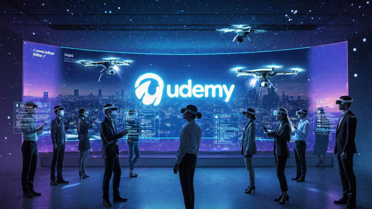 Futuristic AI‑powered learning hall with holographic lessons and corporate participants.