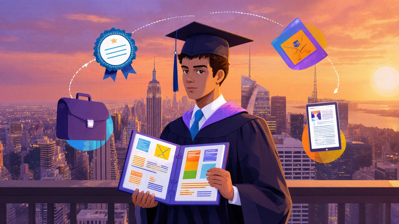 Graduate showcasing portfolio with floating certification and internship icons.