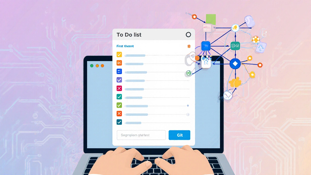 Hands typing on laptop showing a to‑do app UI, with floating Git branch diagram.