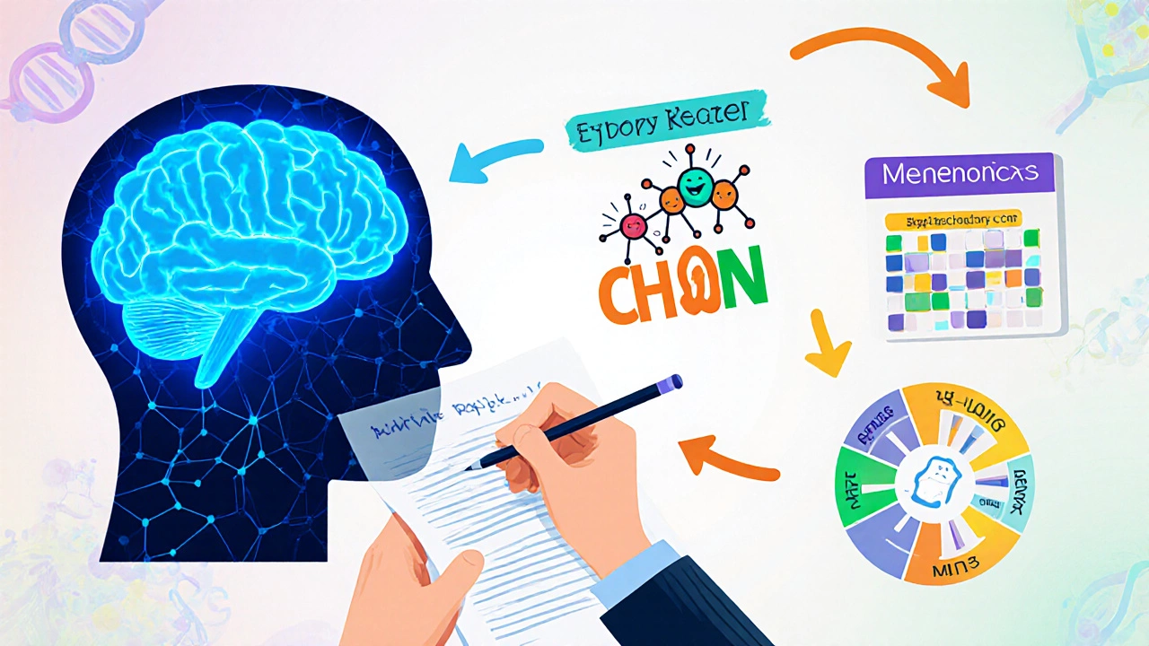 Illustrated brain with sections showing active recall, spaced repetition, mnemonics, and mind maps.