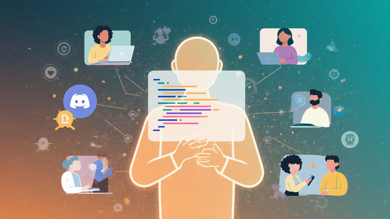 Learner avatar connected to a network of diverse coding community members.