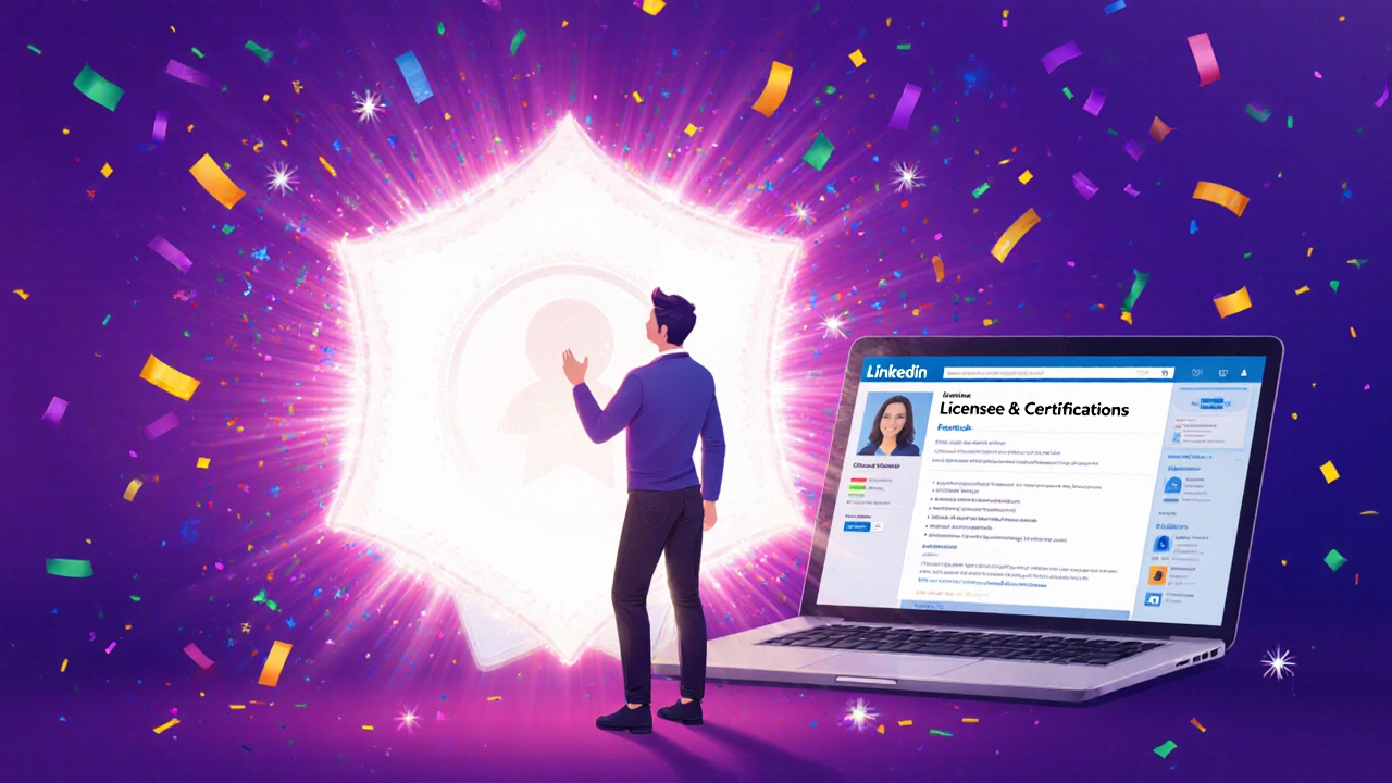 Learner holding a glowing badge beside a LinkedIn profile, celebrating certification.