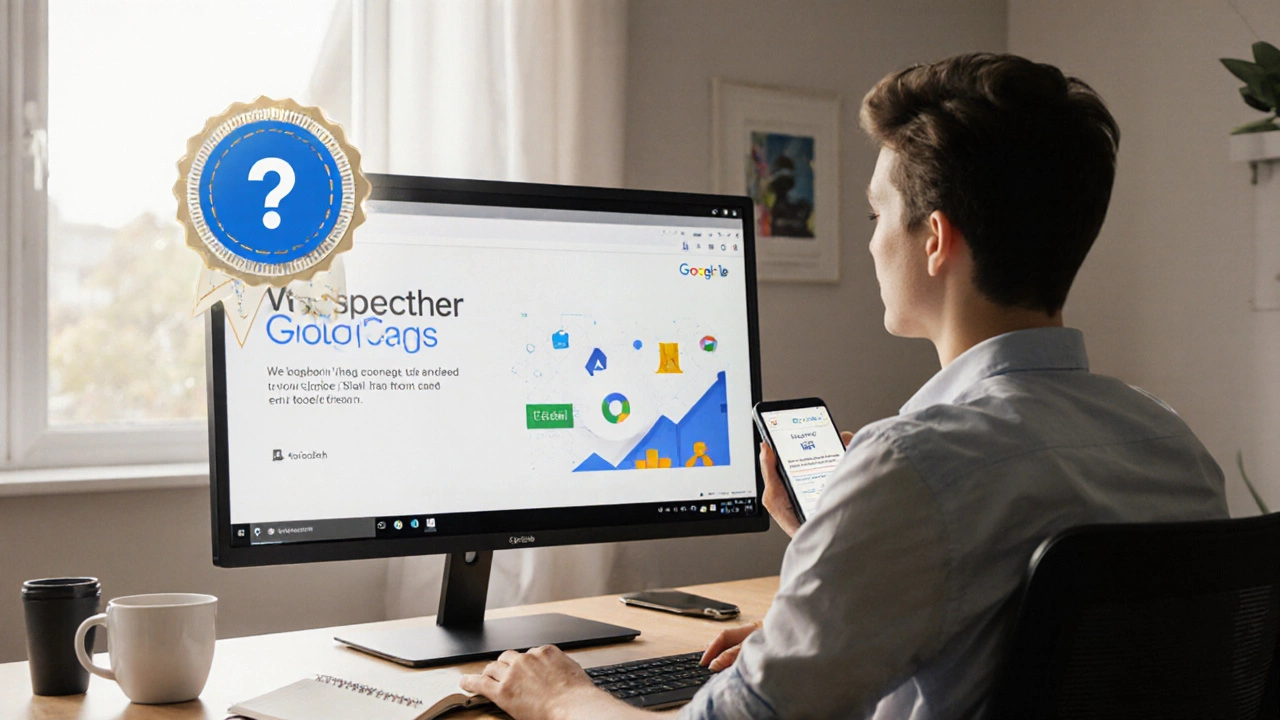 Marketer watches a Skillshop video at a desk with a quiz and glowing certification badge.