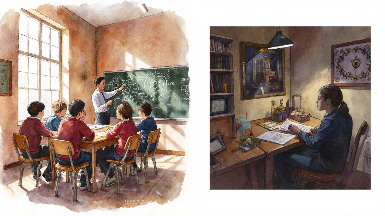Small mentor‑led classroom of Super 30 with a teacher guiding a few students.