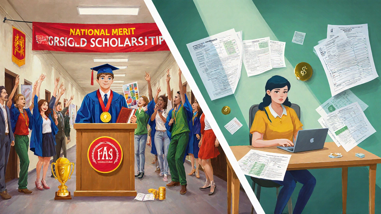 Split scene: left, student receiving merit scholarship awards; right, student reviewing need‑based financial forms.