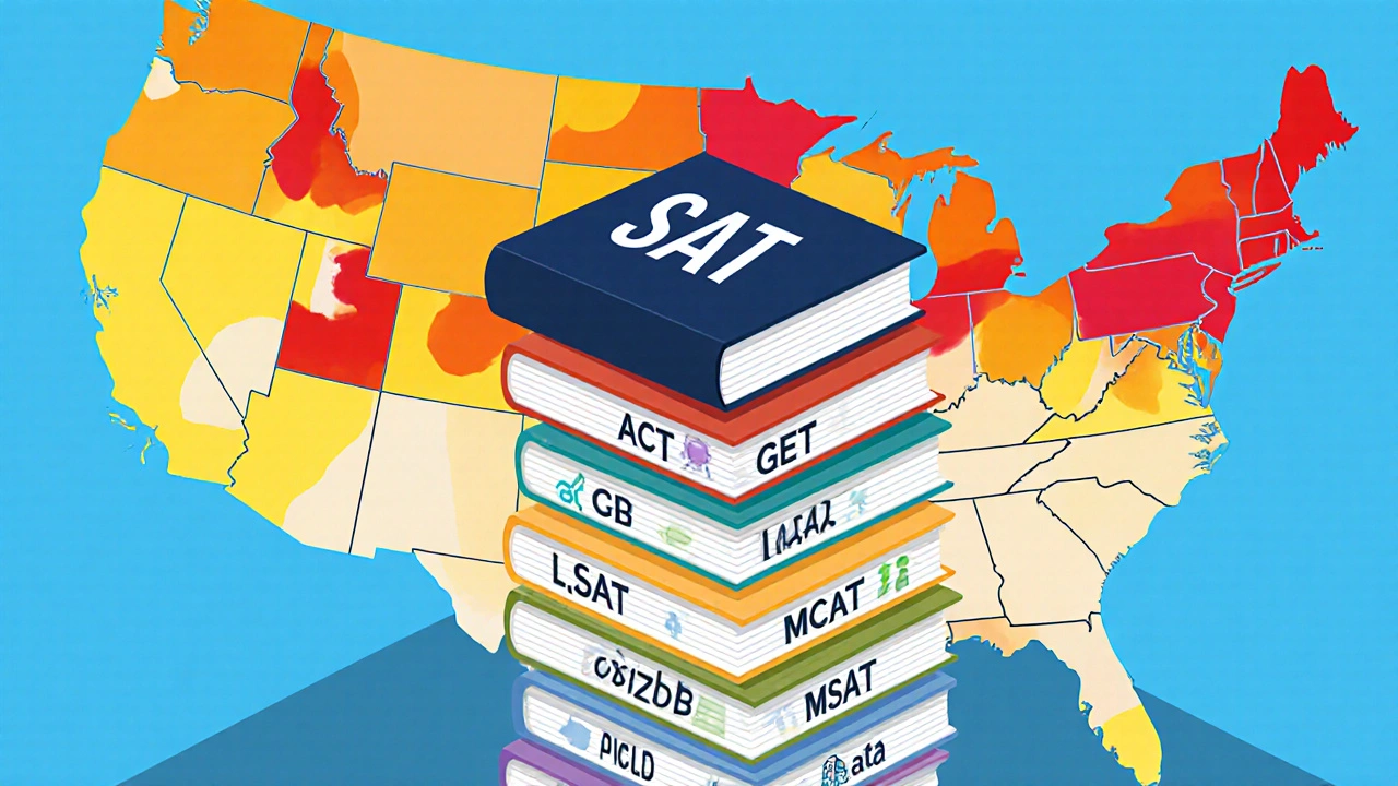 Stack of exam booklets with SAT on top, US map heat zones behind.