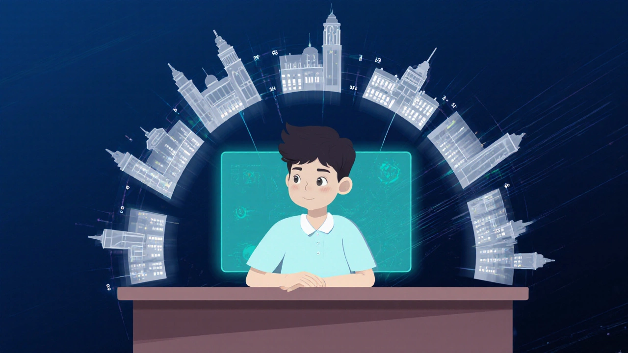 Student at a desk surrounded by floating silhouettes of IIT campuses and abstract bars indicating seat numbers.