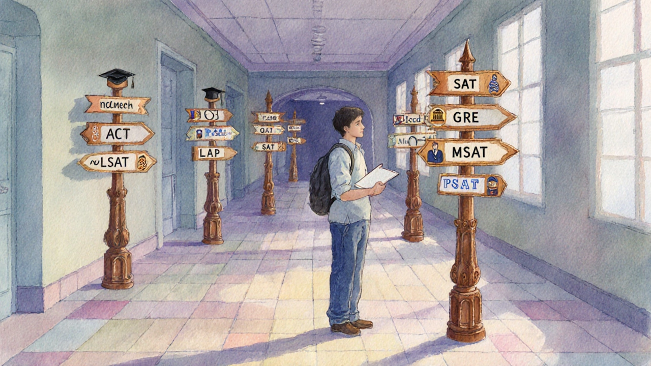 Student at a hallway crossroads choosing among exam signposts.