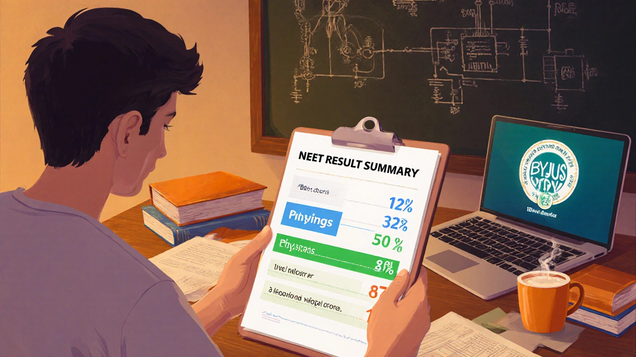 Student reviewing NEET results highlighting Biology&#039;s higher average marks.