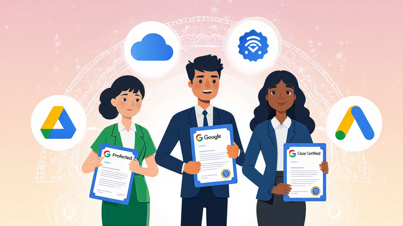 Teacher, cloud engineer, and marketer holding Google certificates with platform icons behind them.
