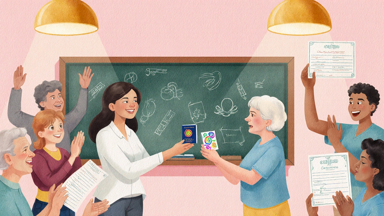 Teacher giving a stamped passport to a smiling learner surrounded by celebratory adults.
