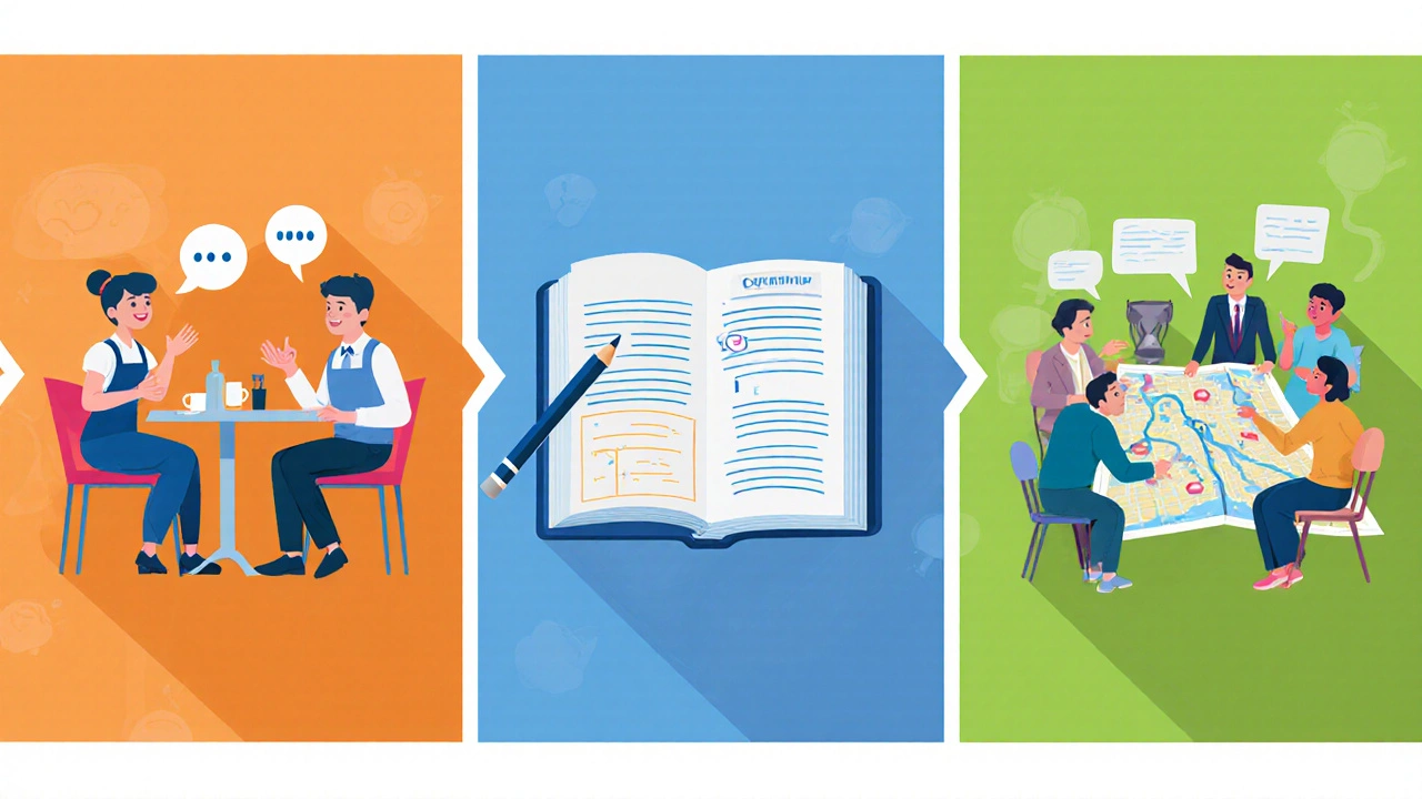 Three panels showing a café role‑play, a grammar worksheet, and a travel planning group activity.