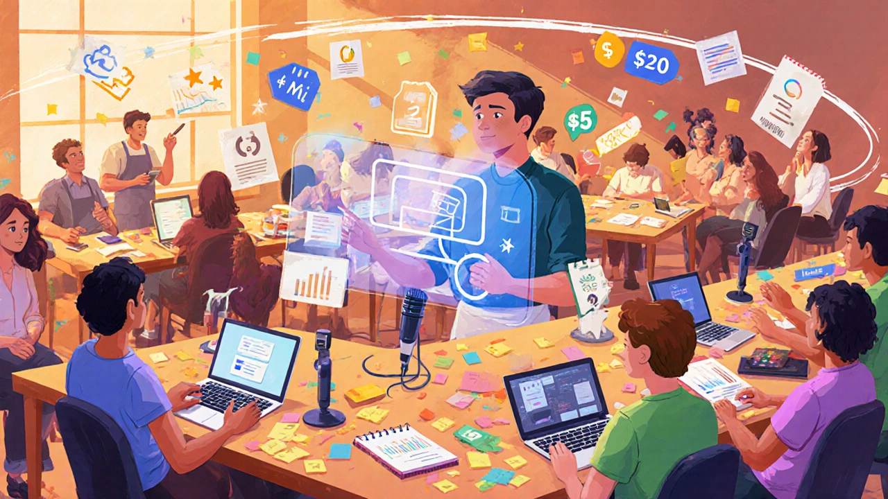 Udemy instructors creating courses, one using AI tools, surrounded by colorful notes and icons.