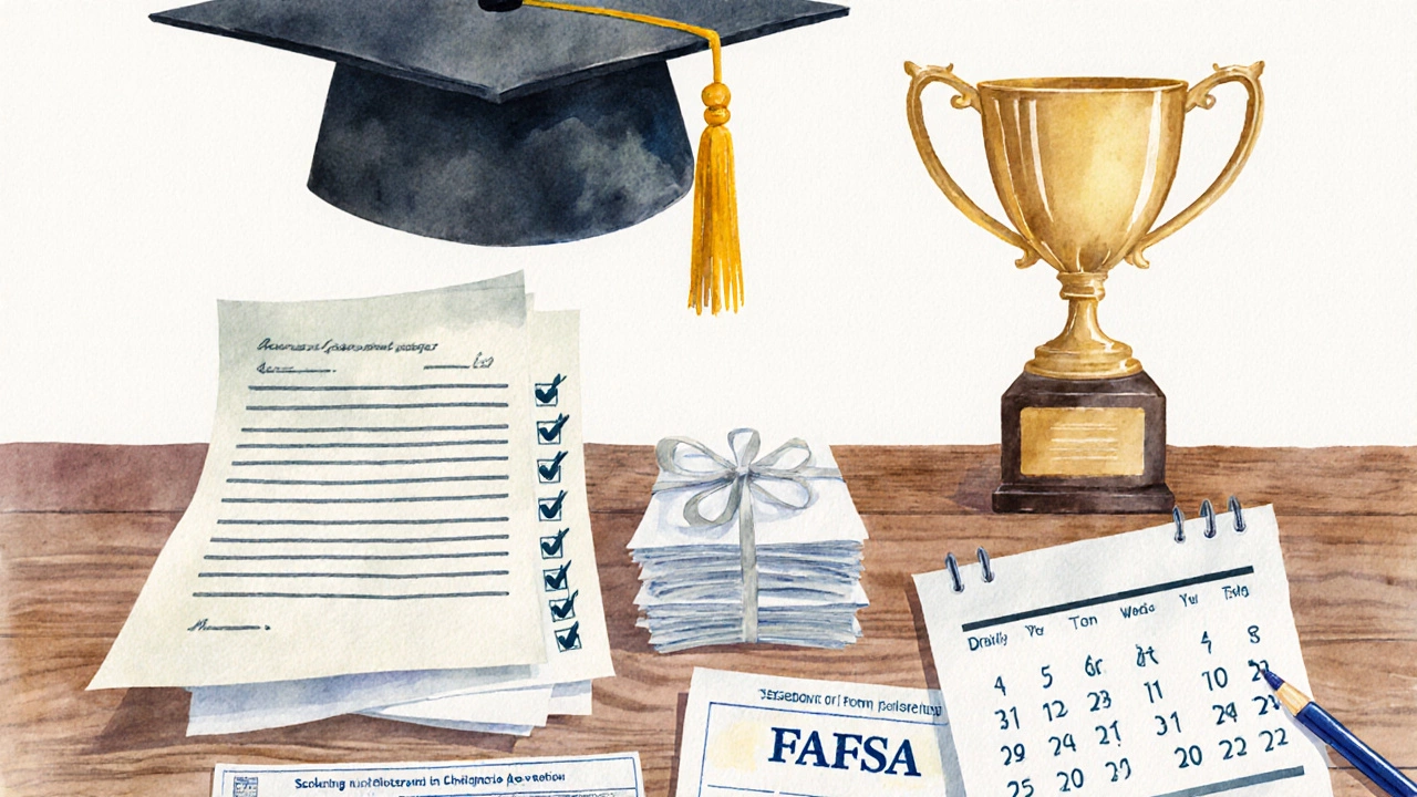 Watercolor desk scene with scholarship checklist items, essay, letters, transcript, and FAFSA form.