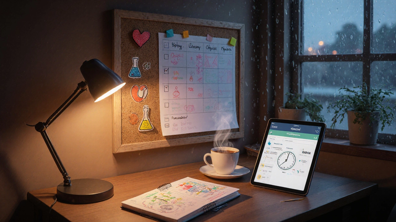 Weekly NEET study schedule on corkboard with pomodoro timer and chai cup.