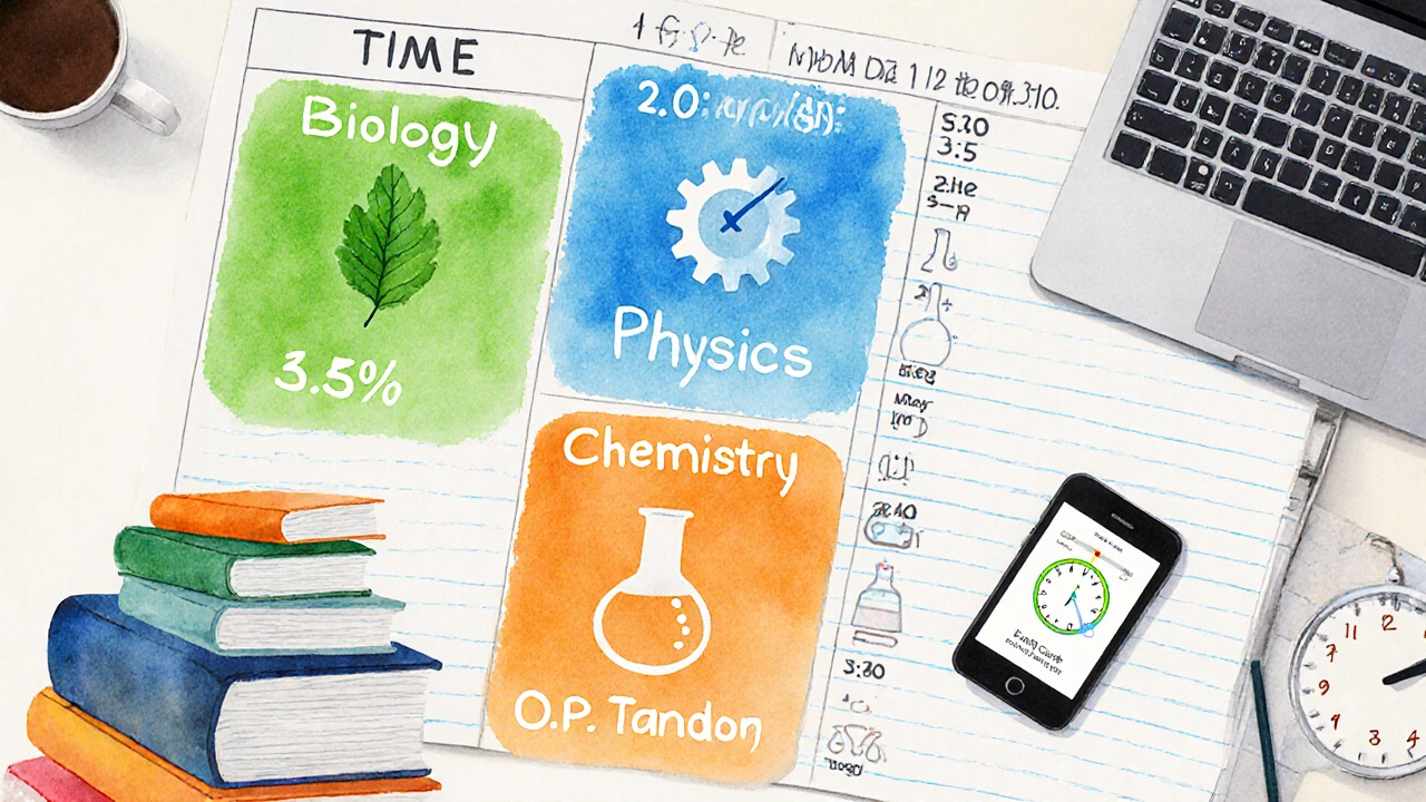 Weekly study planner with colored blocks for Biology, Physics and Chemistry.