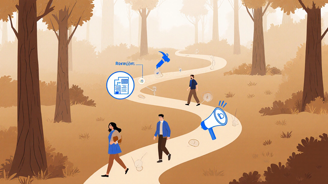 A conceptual trail with icons representing the four stages of eLearning.