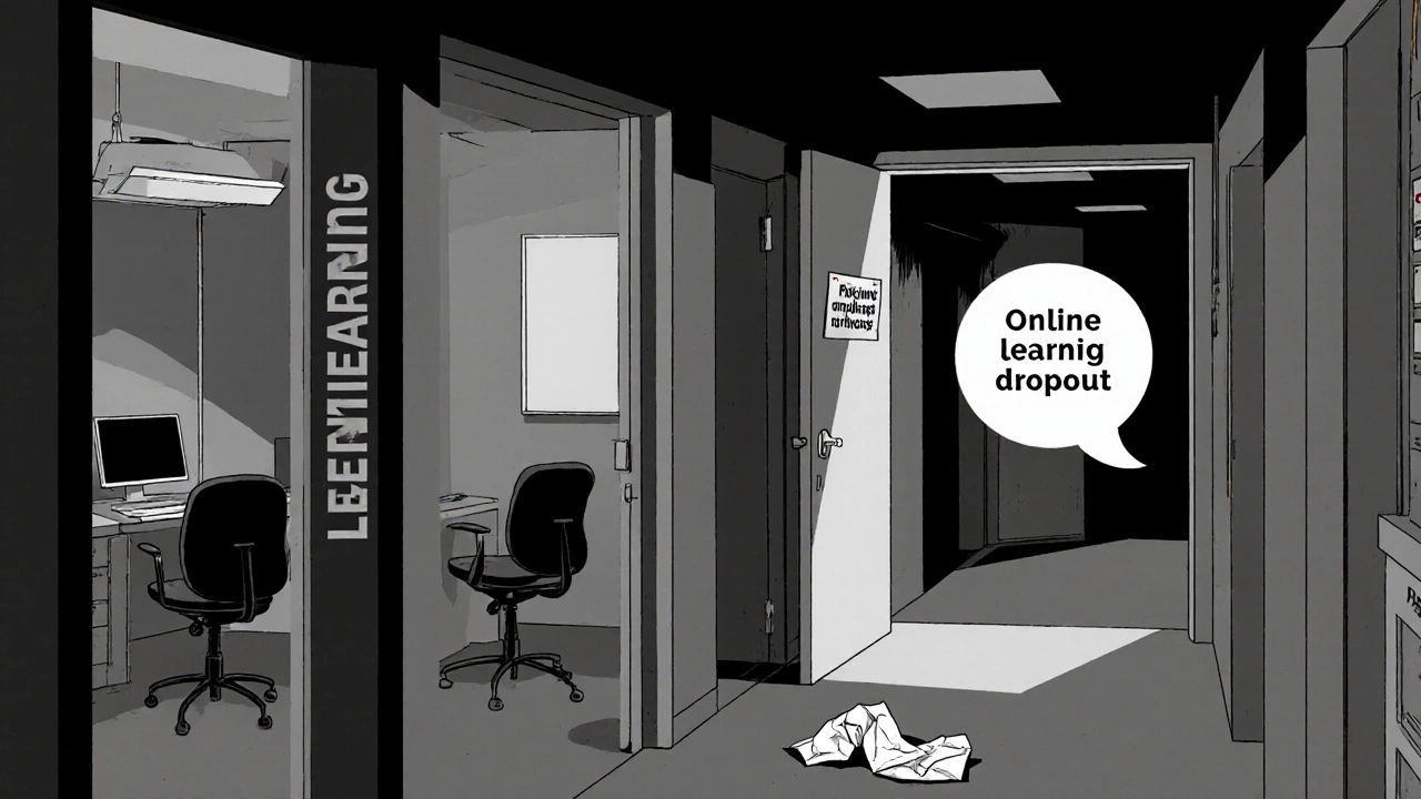 A dark hallway of closed online learning doors with a lonely chatbot and a dropout notice on the floor.