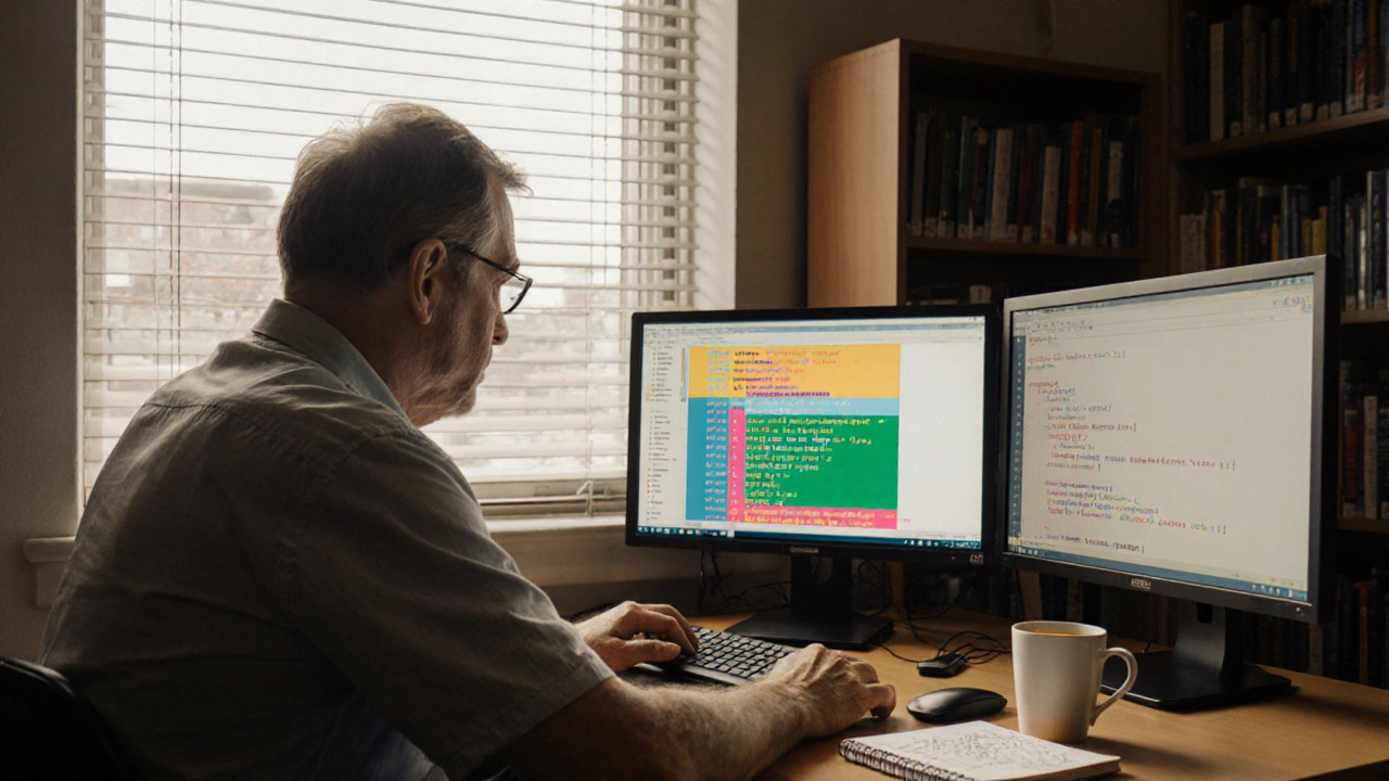 A man in his 50s codes in a library, watching a website update in real time.
