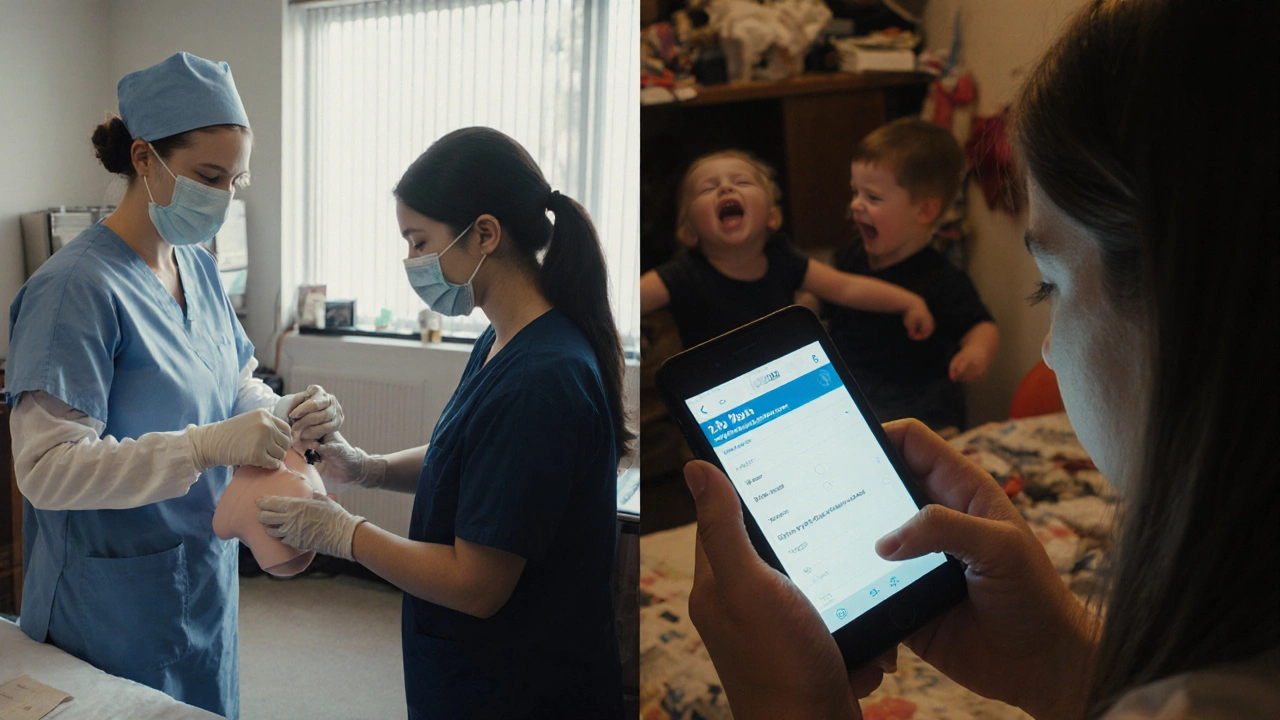 A nursing student in a lab on one side, struggling with a frozen online exam on her phone on the other.