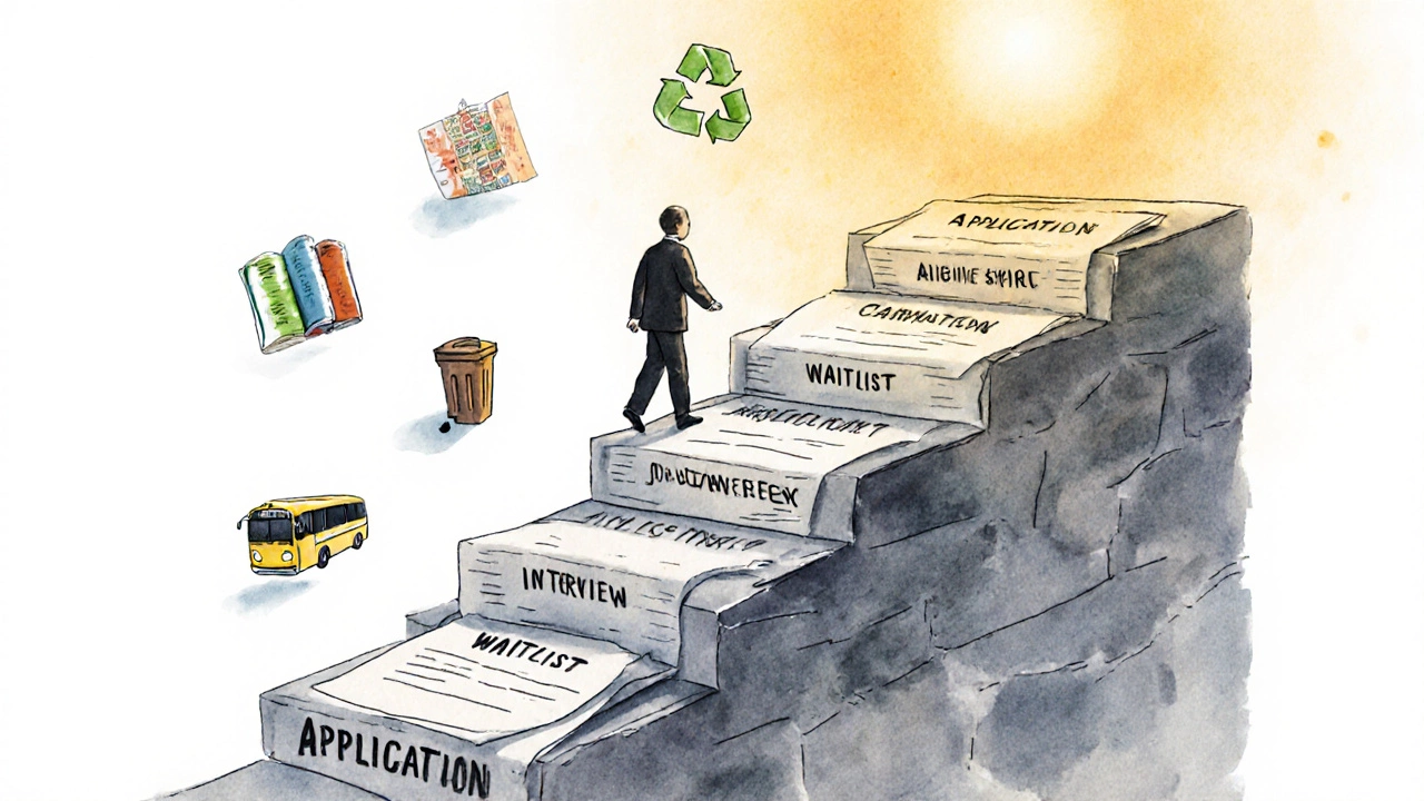 A person climbing a stone staircase made of official documents toward a golden light of hire.