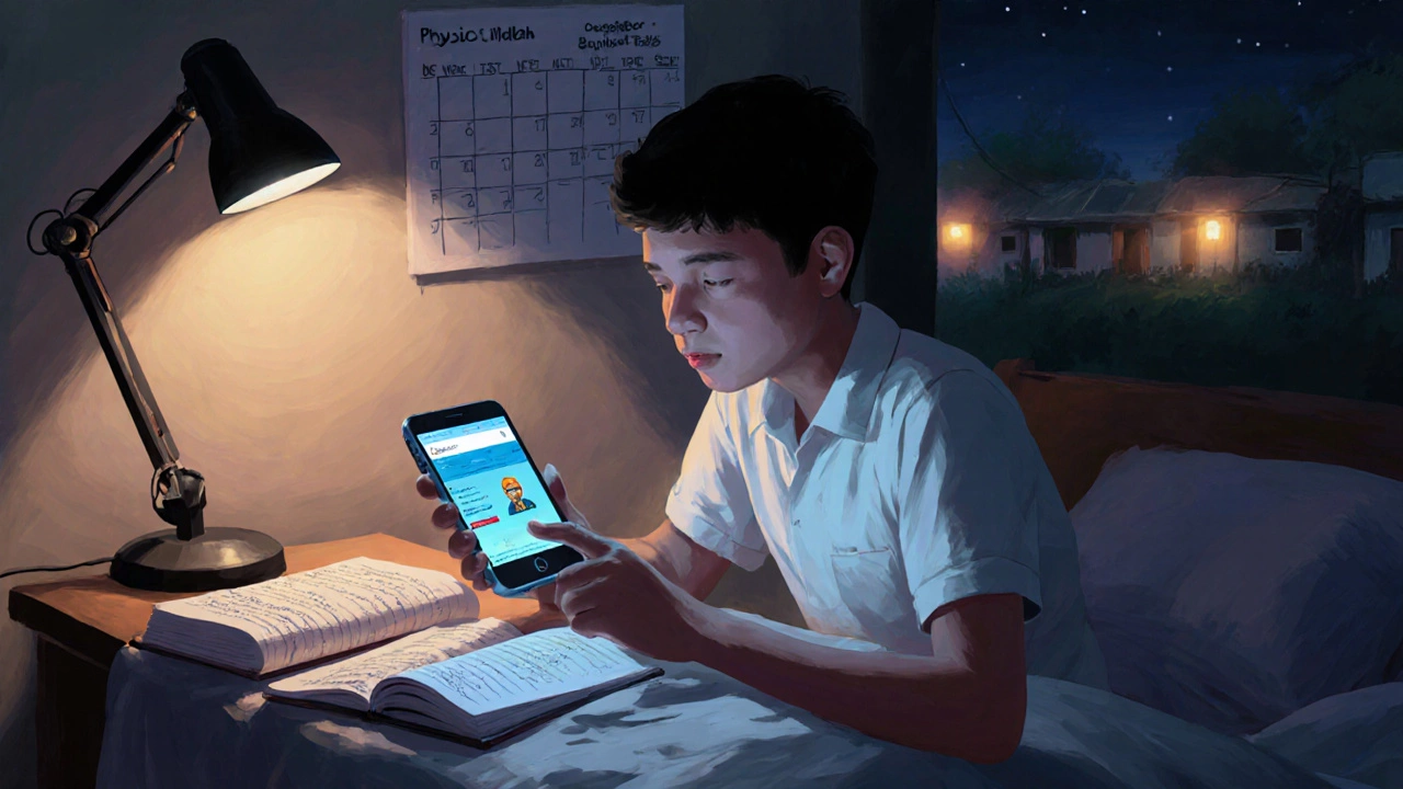 A rural student studying NEET on a smartphone at night with books and notes beside them.