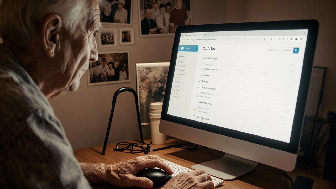 An elderly person clicks a mouse to view a personal to-do list app they created.