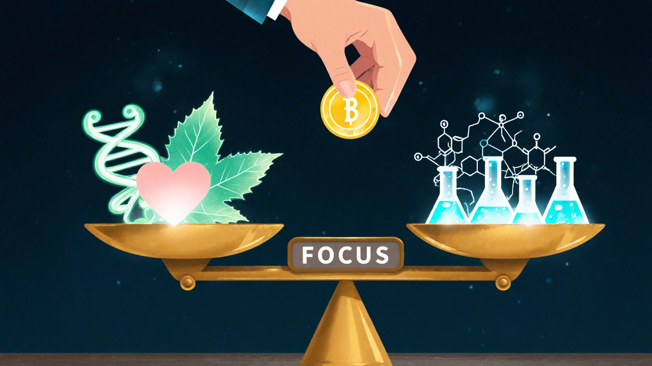 Balanced scale with biology topics heavier than chemistry and physics, symbolizing strategic focus.