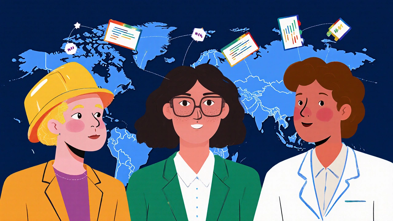 Diverse professionals collaborating remotely, code floating above them, Australia and U.S. map in background.