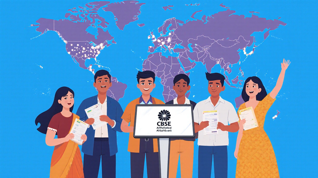 Diverse students checking CBSE results at a kiosk, with a world map showing global school locations in the background.