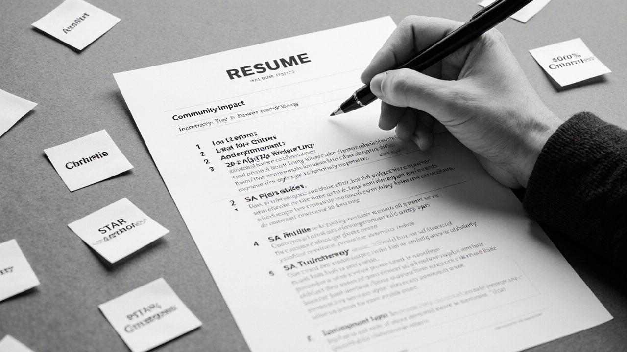 Hand writing a plain resume with numbered impact statements using a black pen on white paper.