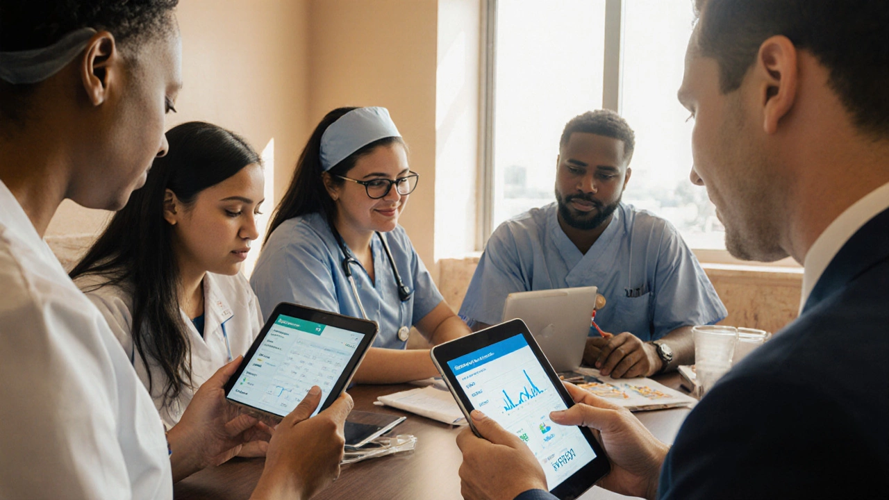 Healthcare workers using tablets for personalized eLearning modules in a break room.