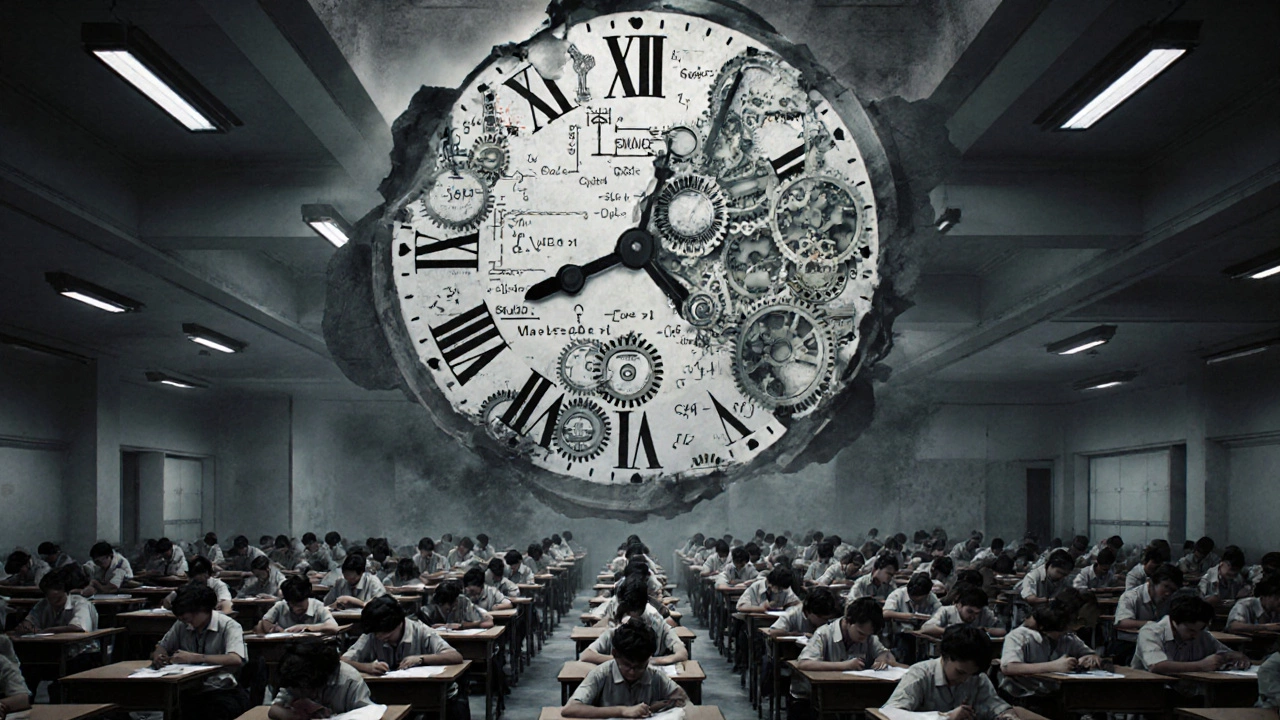 Hundreds of students in an exam hall under fluorescent lights, overwhelmed by giant clock made of formulas.