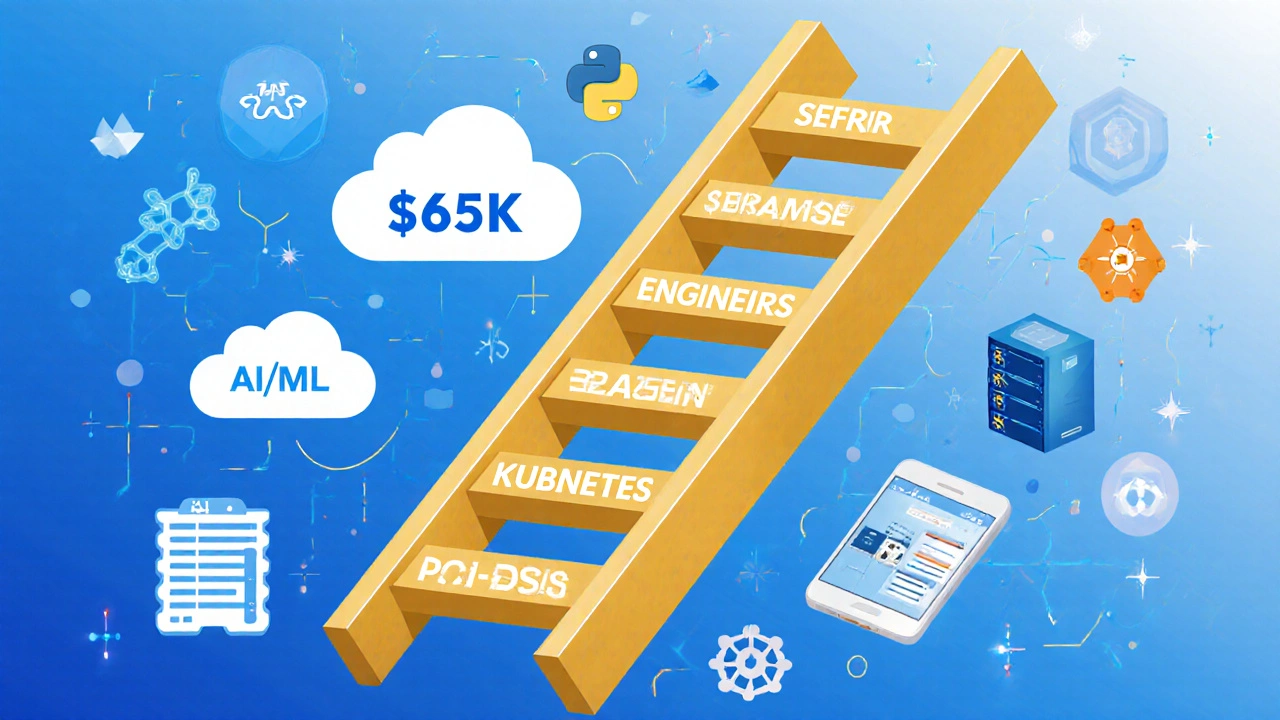 Ladder illustrating salary growth in coding careers from entry-level to AI engineer with skill icons.