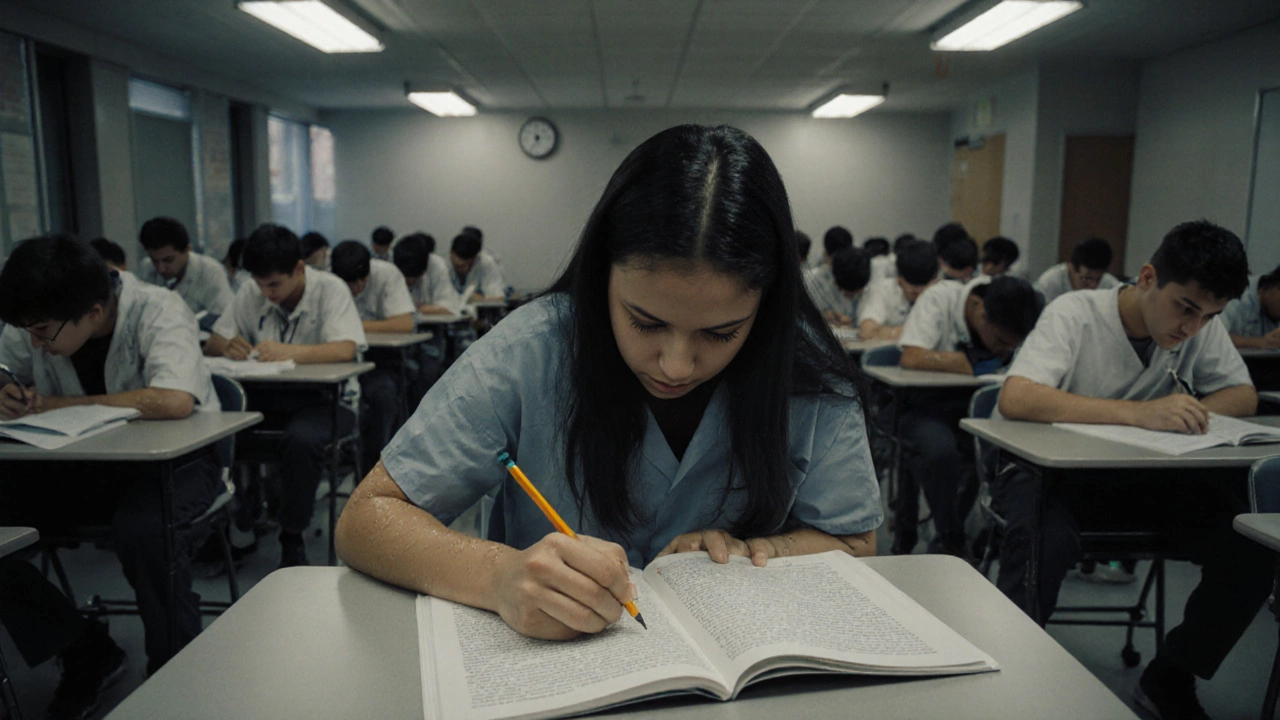 Pre-med students taking the MCAT in a silent exam hall, looking exhausted under fluorescent lights.