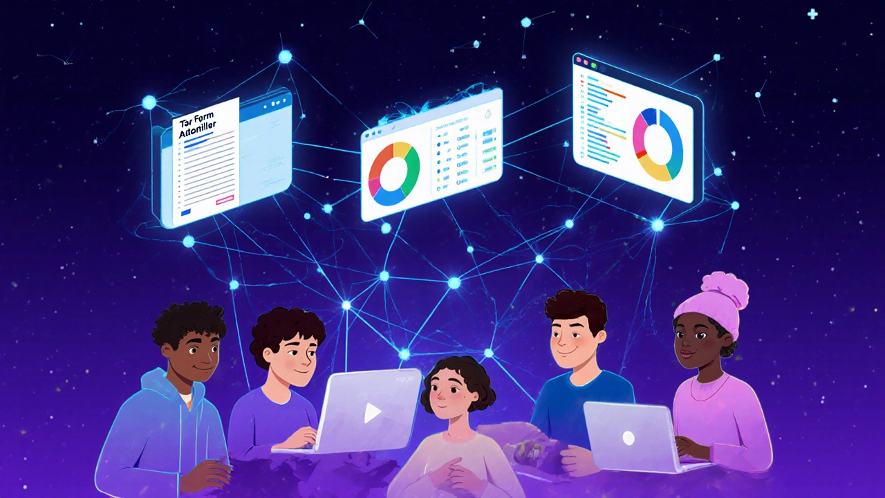 Remote developers connected by glowing code networks, floating project examples above them