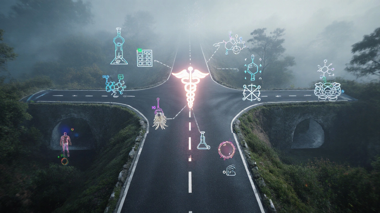 Roadmap leading through biology, chemistry, and physics topics toward a medical symbol.