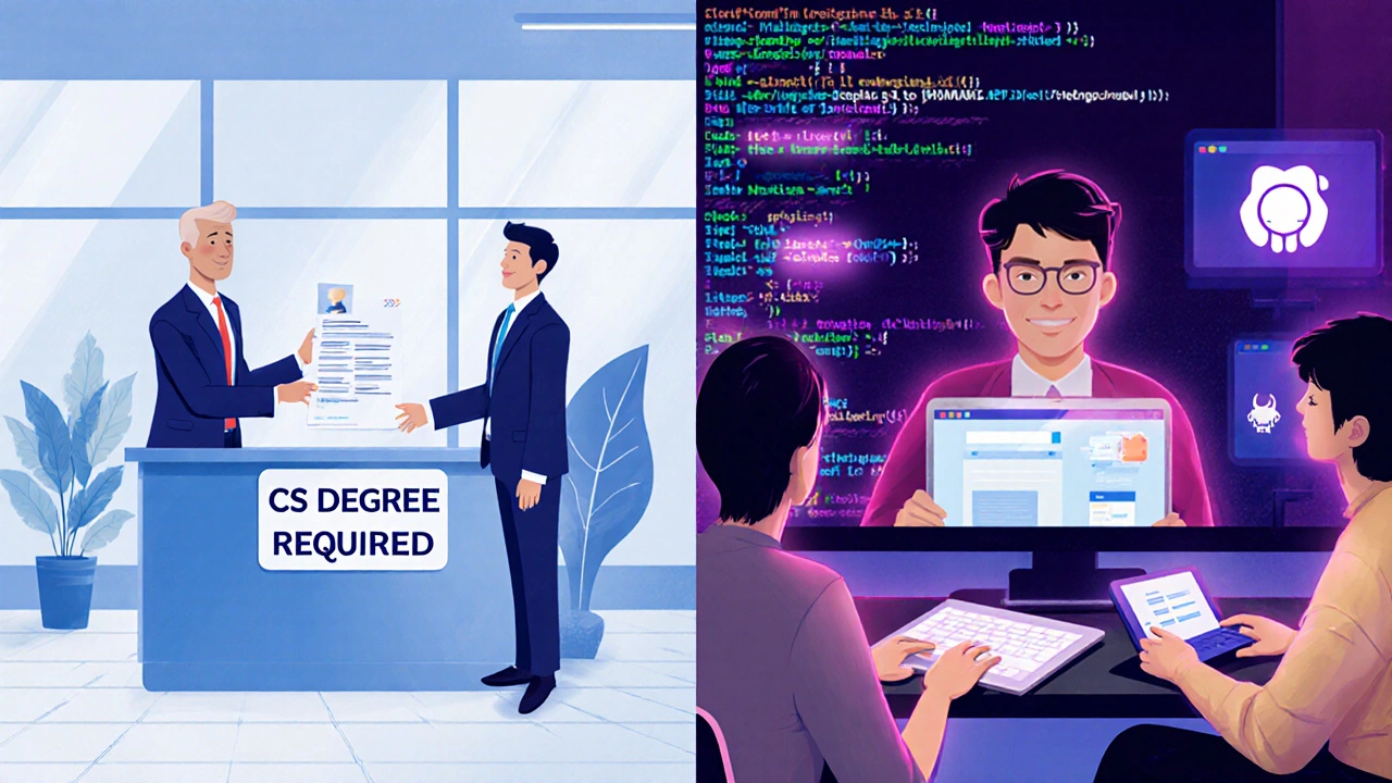 Split scene: traditional resume rejection vs. digital portfolio success in remote hiring